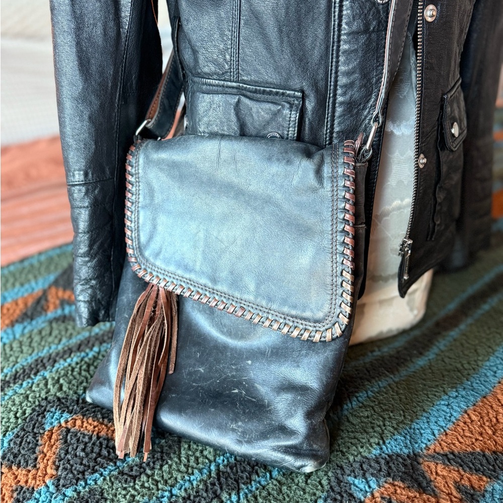 Black Leather Crossbody Bag with Fringe